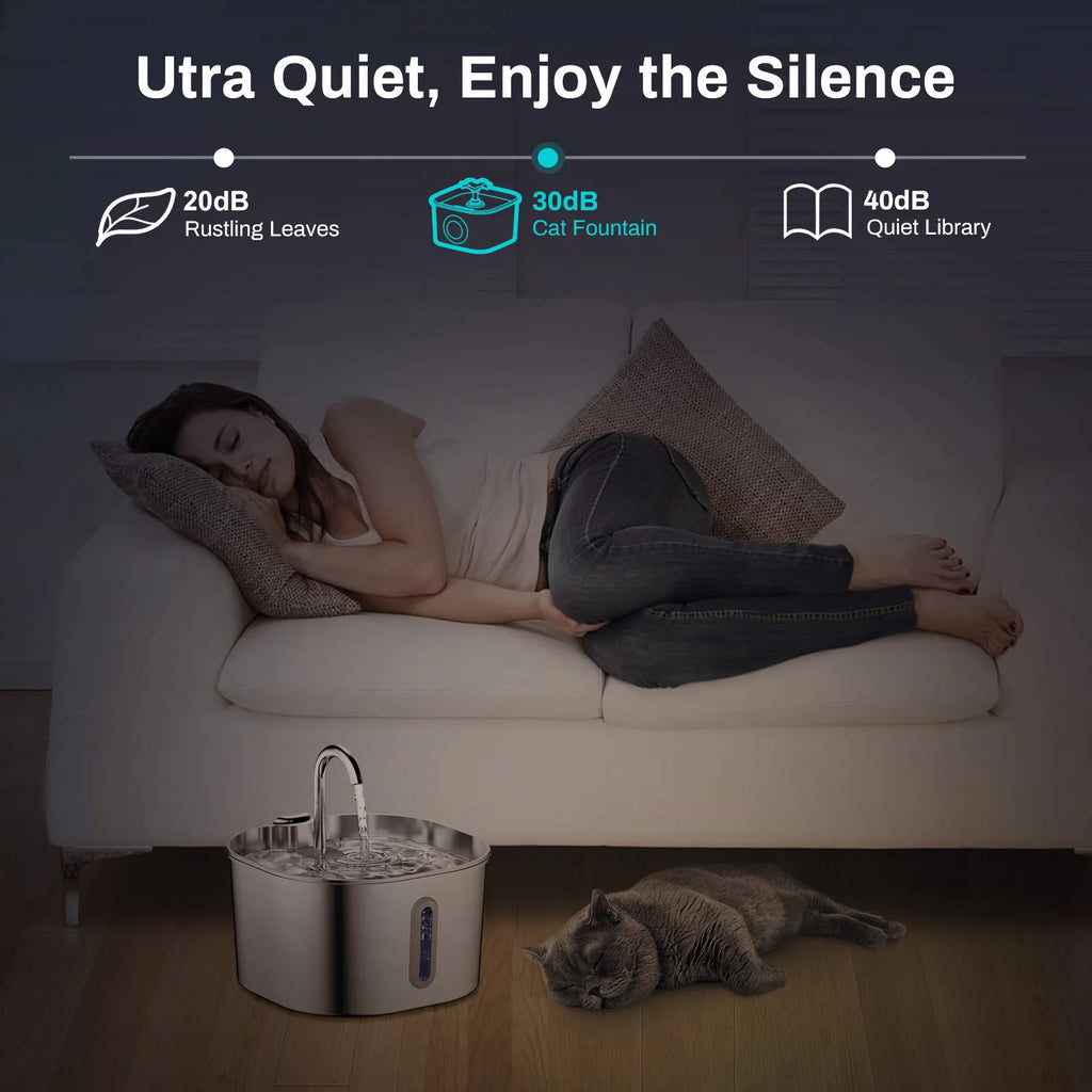 Fontaine à Eau pour Chien — Acier Inoxydable 2,2L Ultra Silencieuse
